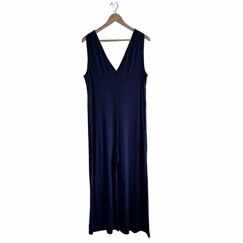 Trina Turk Navy Blue Luminosity Jumpsuit Size Large Wide Leg Pull On V Neckline